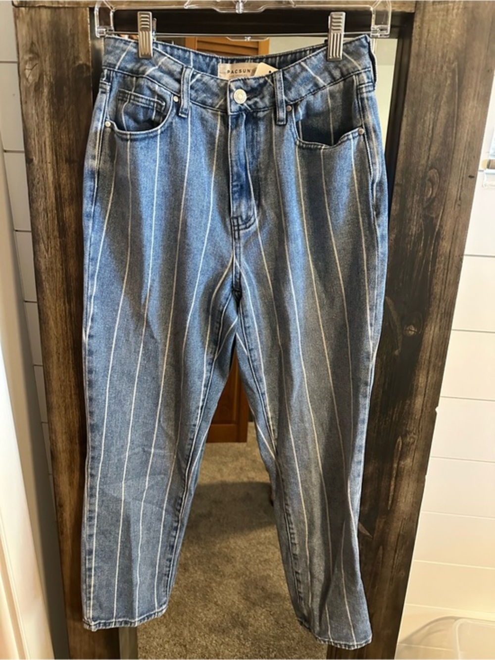 PacSun Mom Jeans Womens 26 Blue White Pinstripe High Rise Tapered 100% Cotton